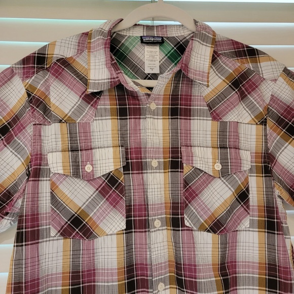 Patagonia Shirt Size Medium Brown Purple Plaid Organic Fish Camp Hike Button S/S - Picture 3 of 5